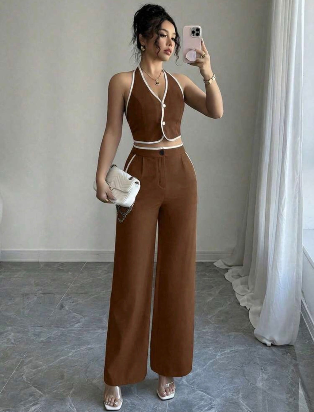 Conjunto Sastrero Dos Piezas "Atenas" – Chaleco Halter y Pantalón Palazzo – Marrón Chocolate