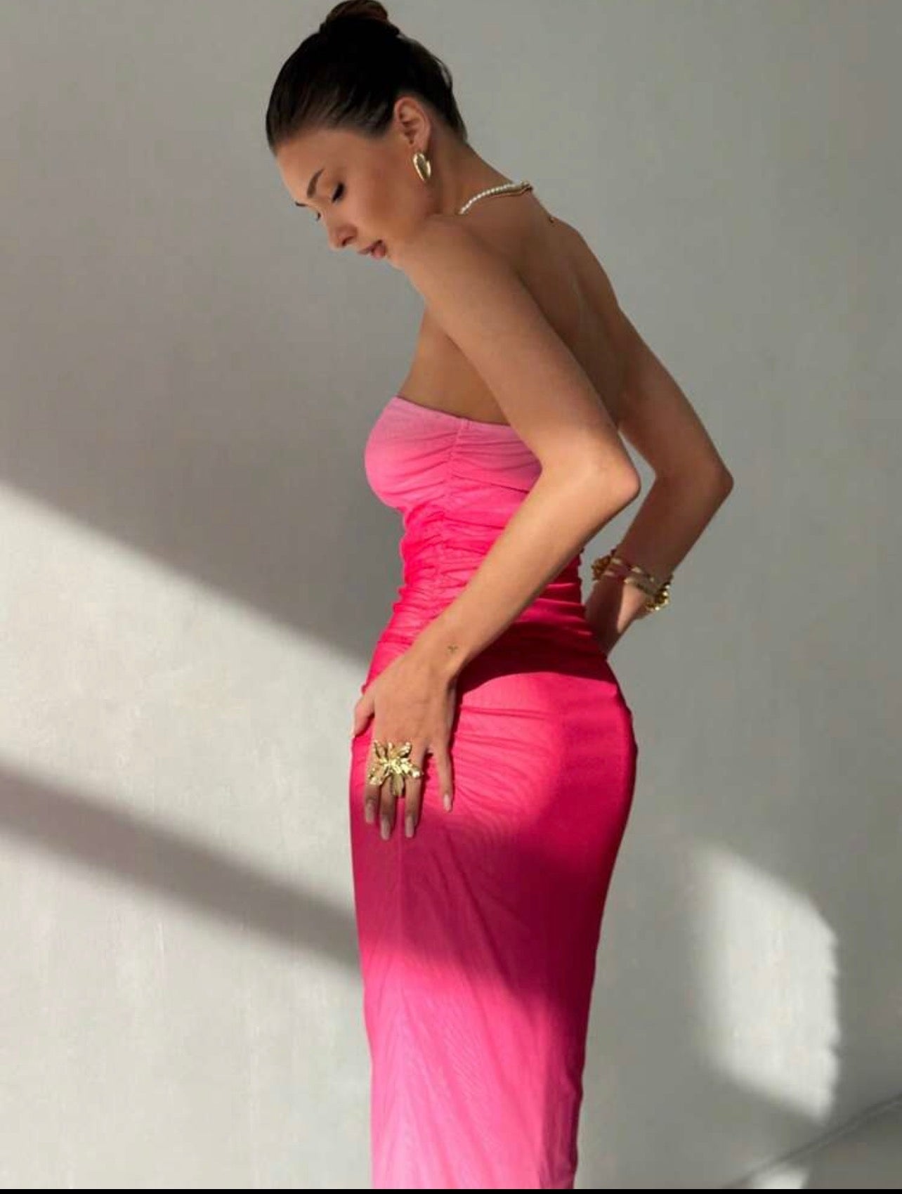 Vestido Maxi Strapless con Transparencia y Degradado Rosa Barbie