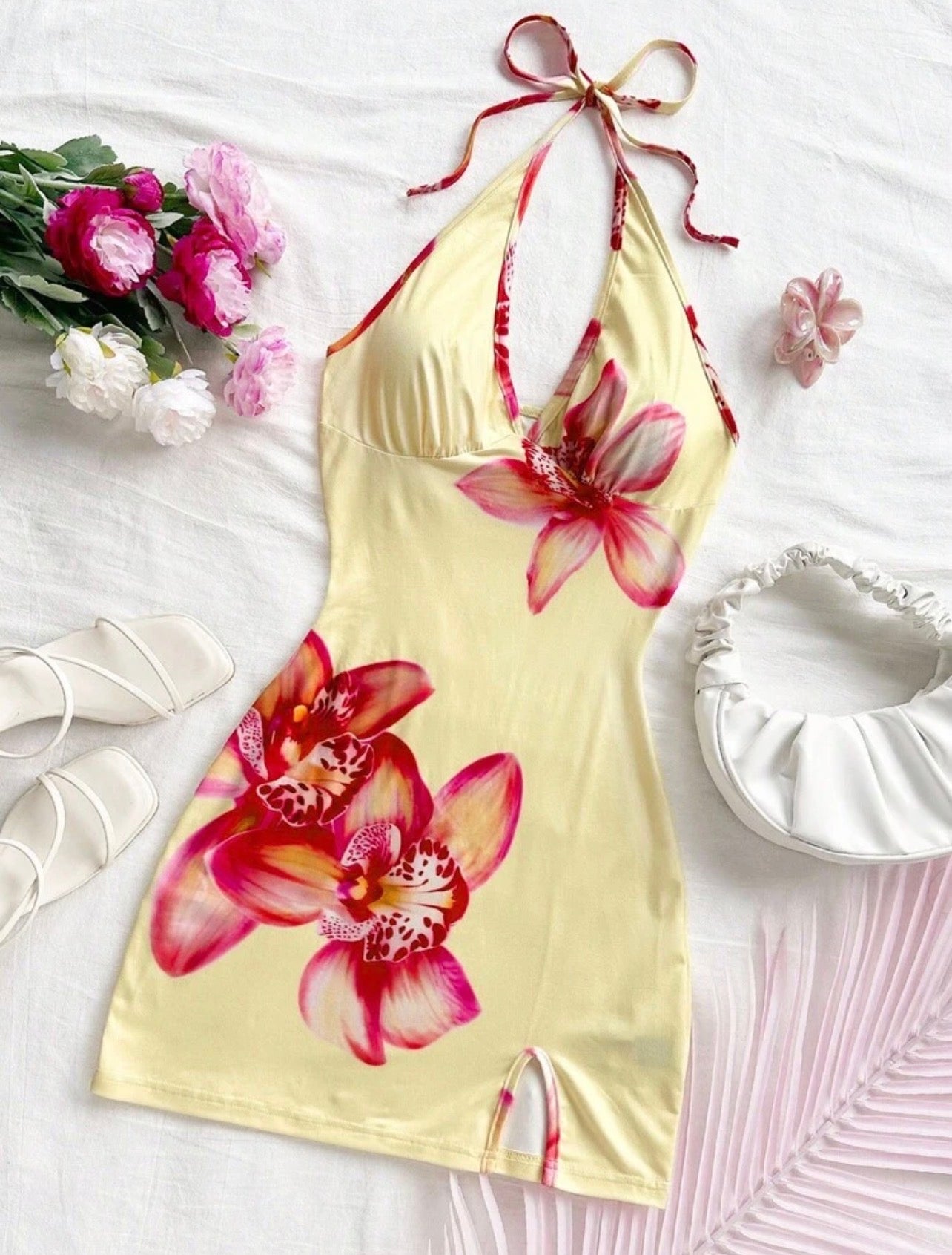 Vestido Mini Halter Floral - Orquídea Amarilla
