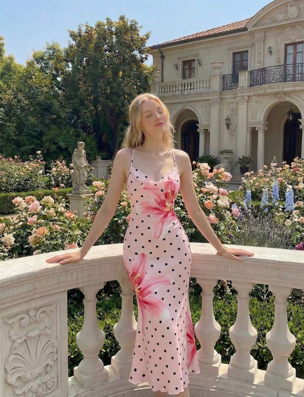 Vestido Maxi Florence – Escote Drapeado Satinado Mix Lunares y Flores