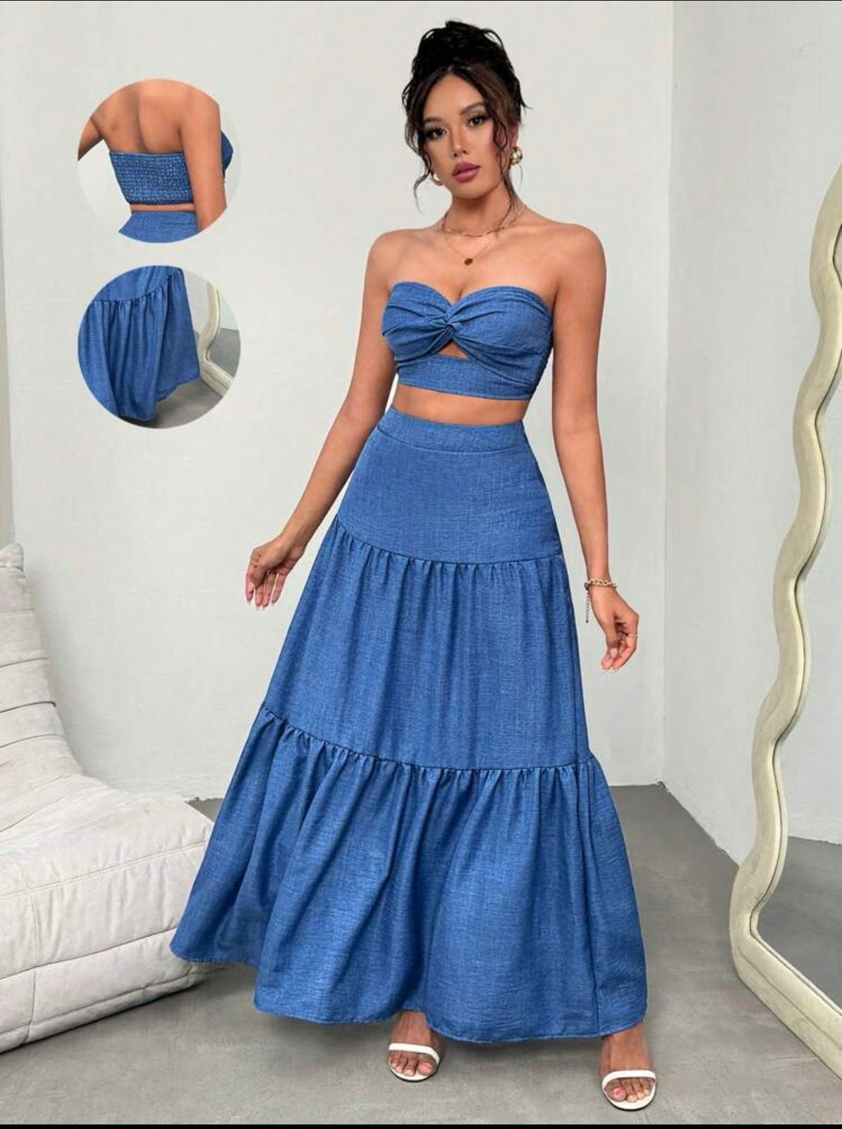 Conjunto Azure Breeze – Top Bandeau con Nudo y Falda Maxi Escalonada