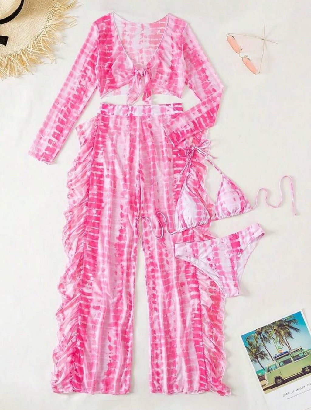 🌸 Set Playero Premium de 4 Piezas – Estilo Tie-Dye Rosa