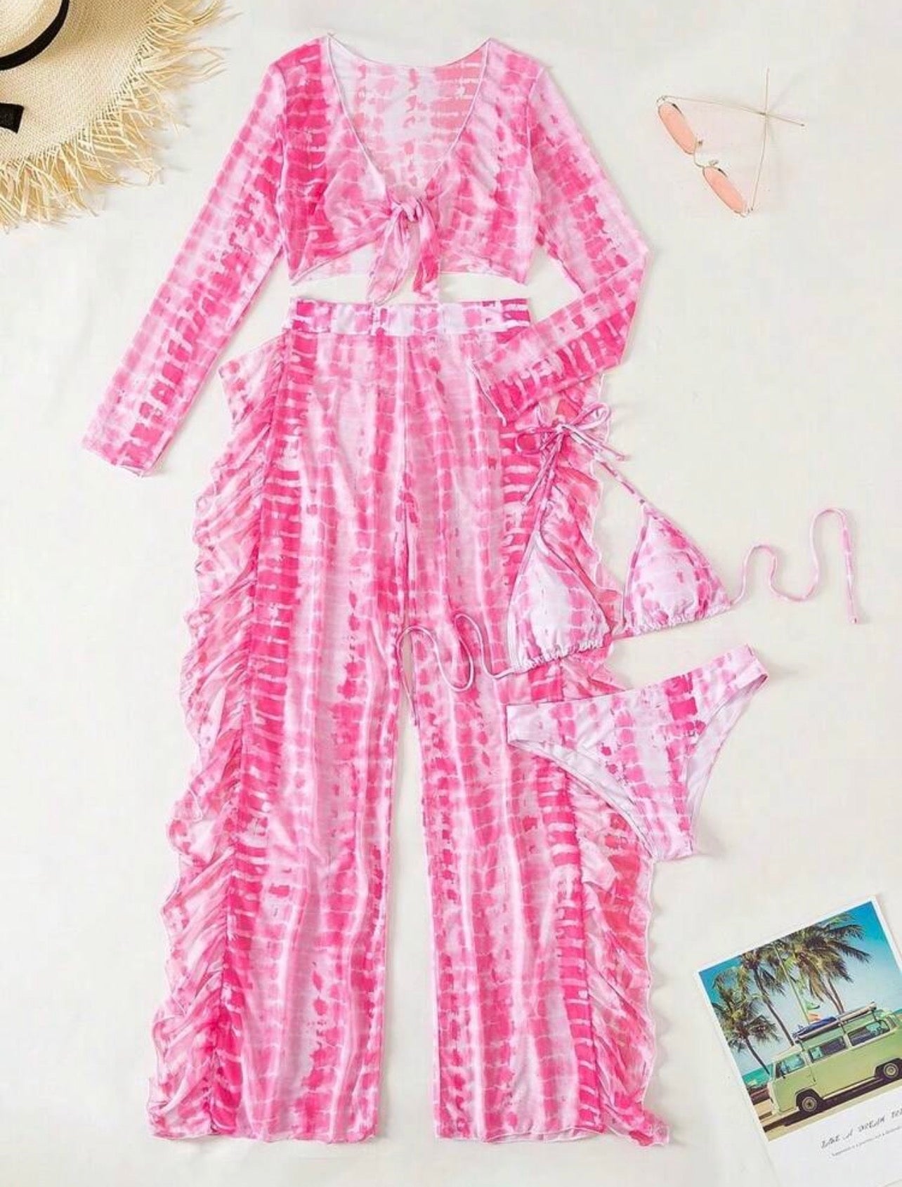 🌸 Set Playero Premium de 4 Piezas – Estilo Tie-Dye Rosa