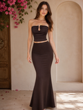 Conjunto Dos Piezas de Top Strapless con Herraje y Falda Maxi "Noche de Gala" – Marrón Chocolate