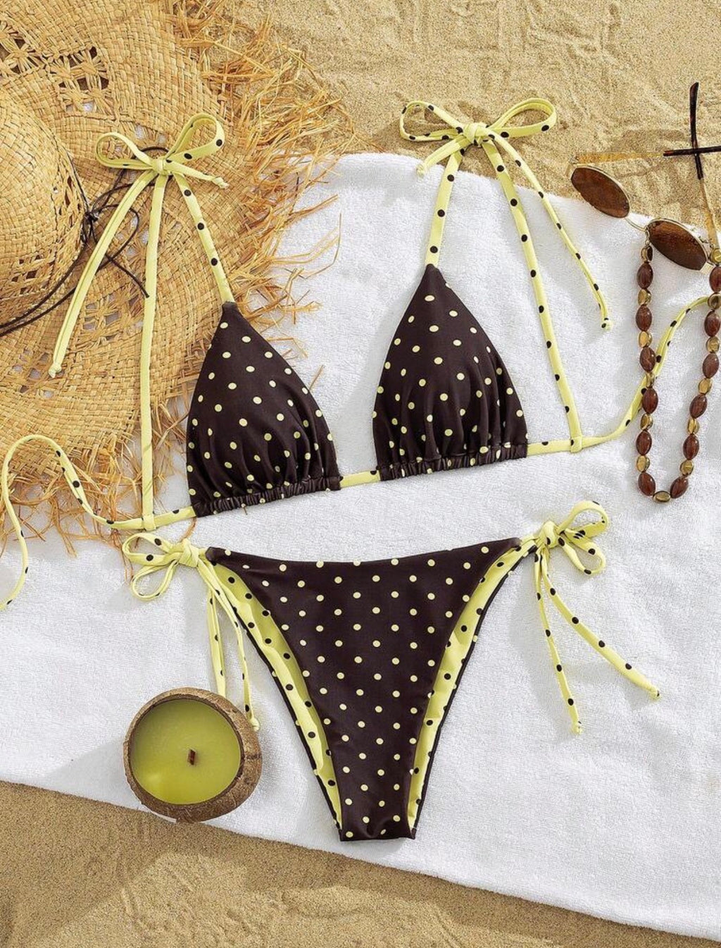 Bikini reversible de Dos Piezas Ajustable – Estampado de Lunares y Lazos Neón