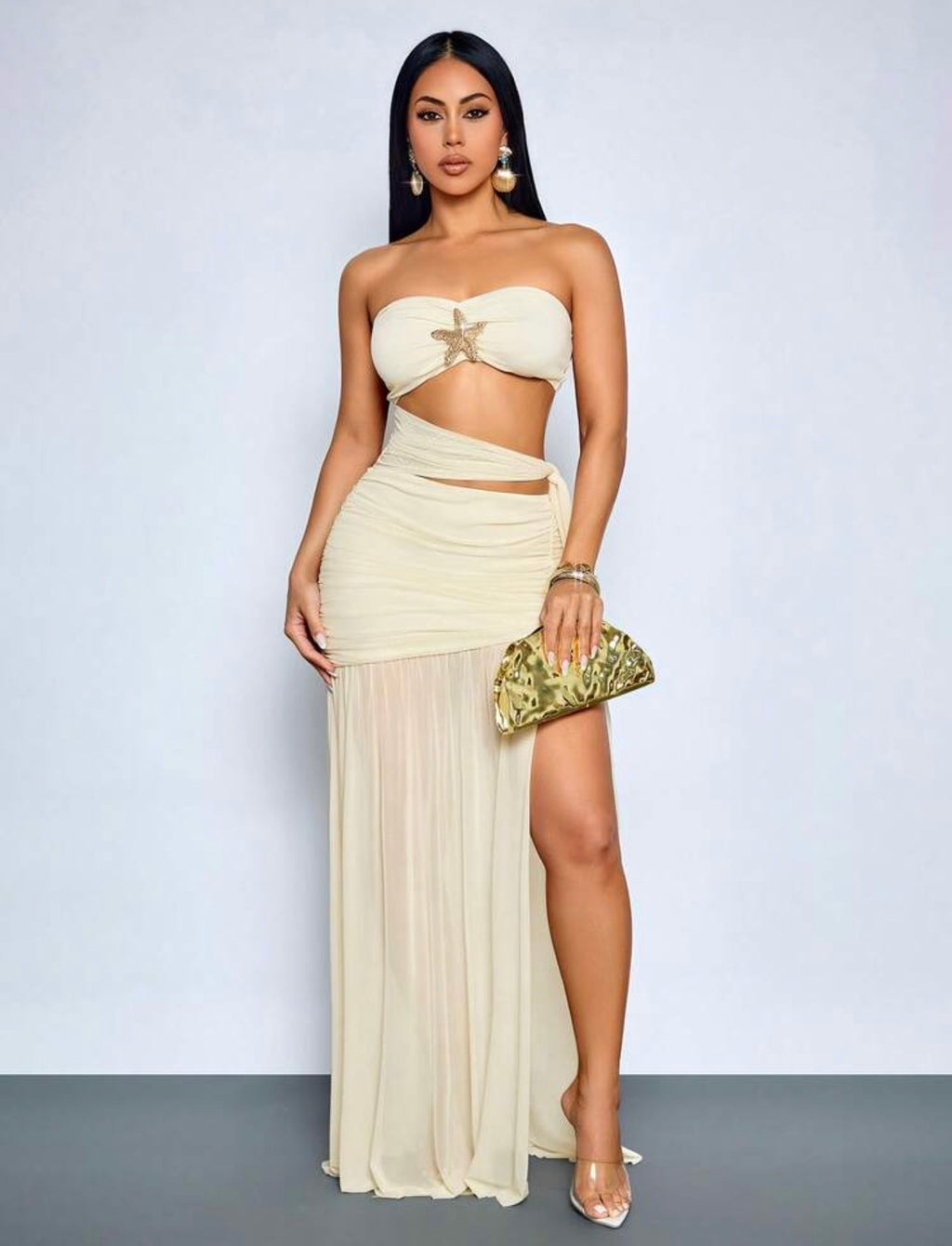 Vestido Maxi Cut-Out con Abertura - Arena Dorada