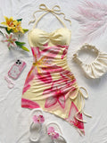Vestido Corto Halter Drapeado "isla de las Flores" – Amarillo y Rosa