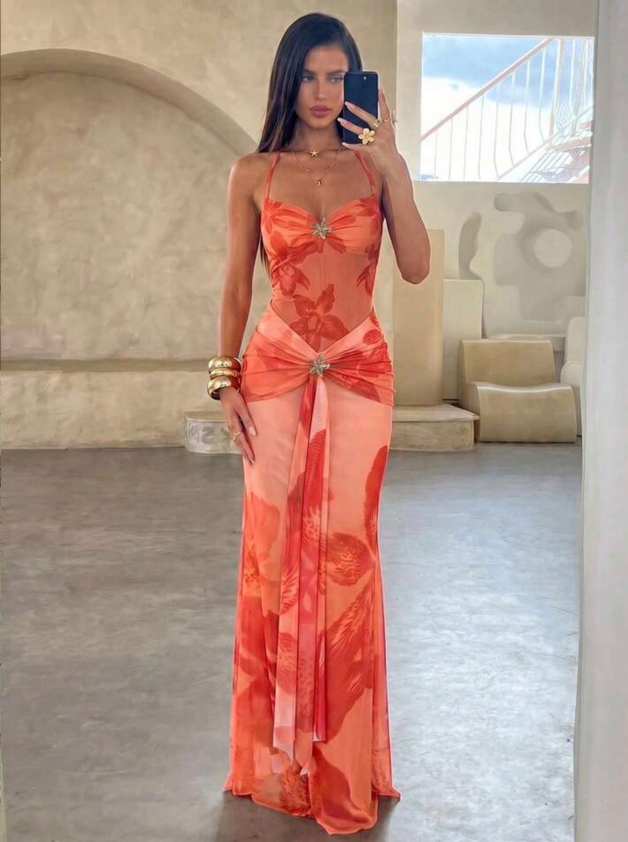 Vestido Maxi de Malla Floral - Atardecer Tropical