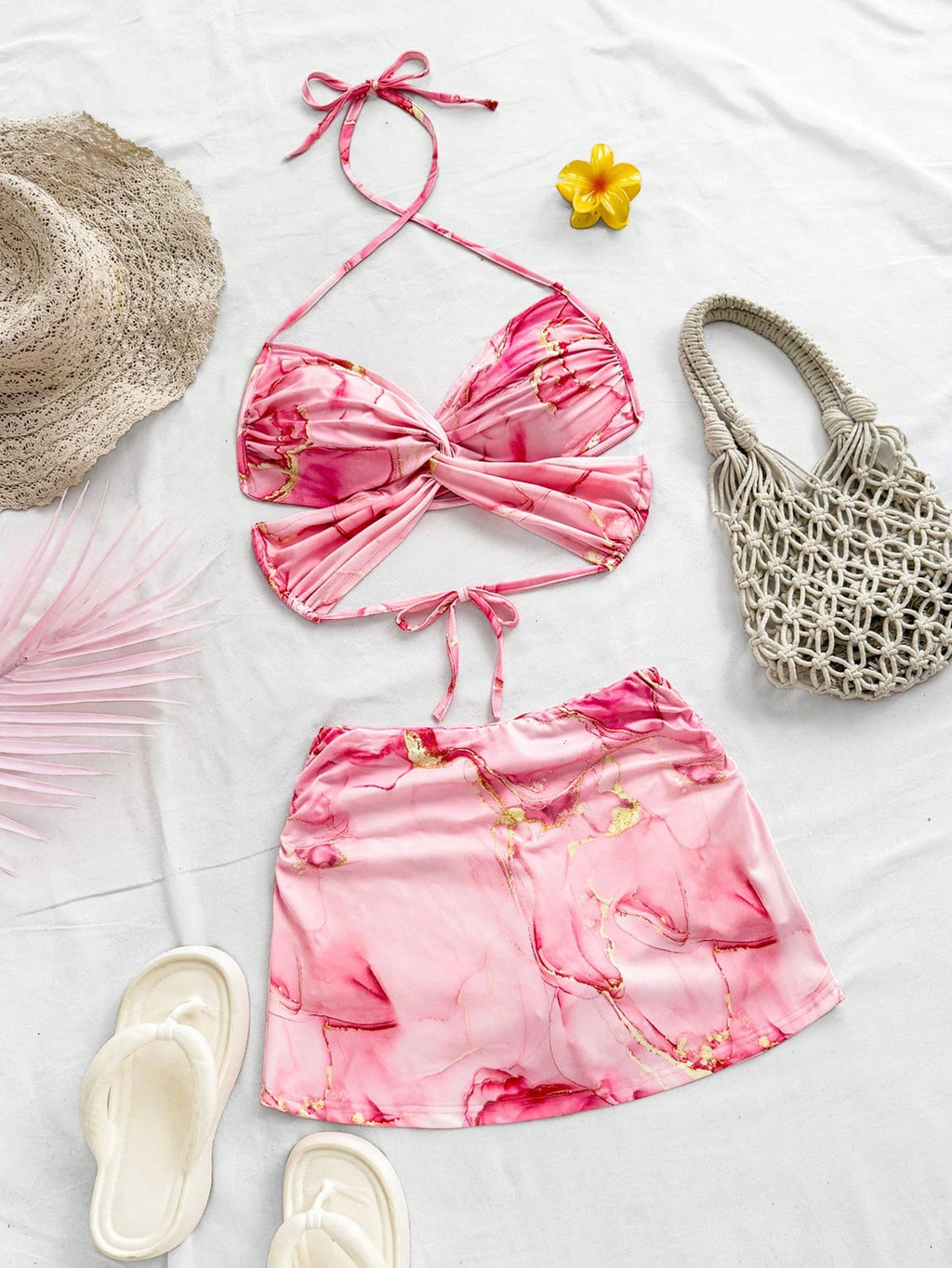Set de Verano de Dos Piezas – Top Cruzado Estilo Mariposa y Falda Rosa Mármol