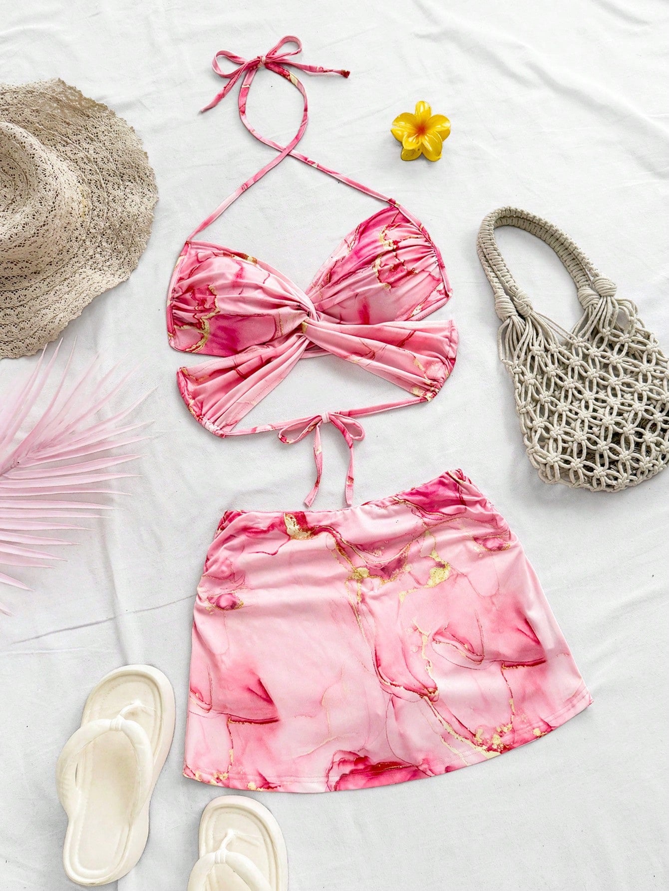 Set de Verano de Dos Piezas – Top Cruzado Estilo Mariposa y Falda Rosa Mármol