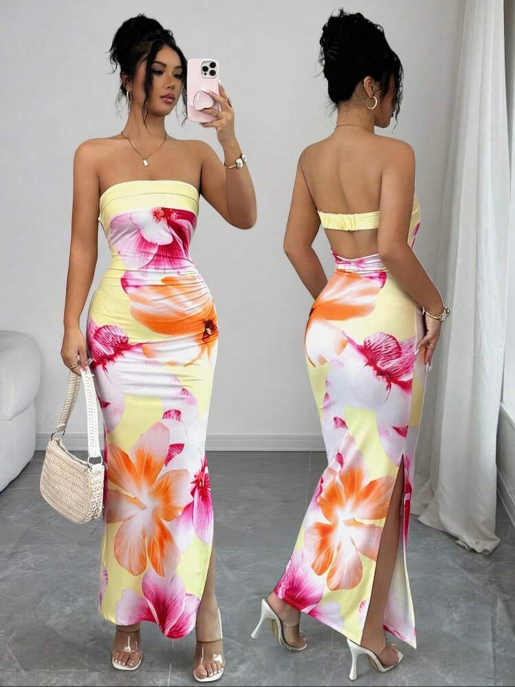 Vestido Maxi Strapless con Estampado Floral Tropical