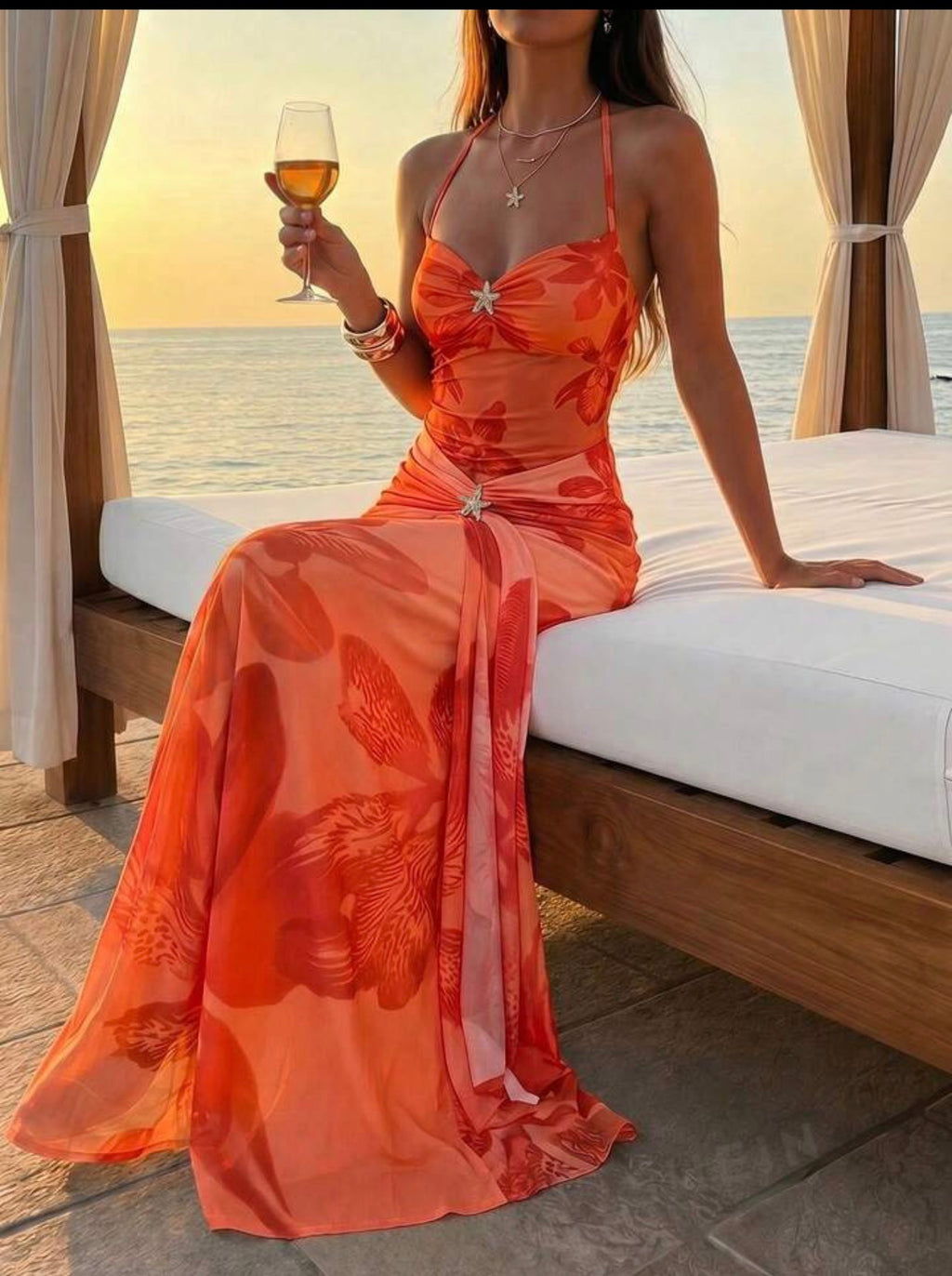 Vestido Maxi de Malla Floral - Atardecer Tropical