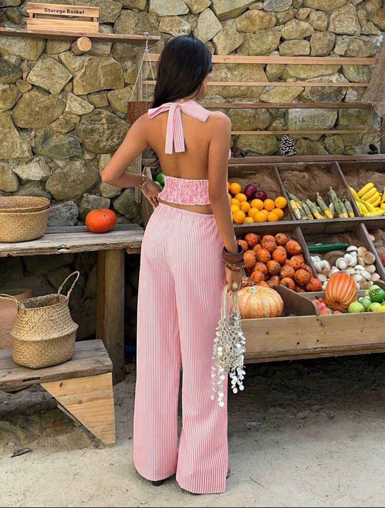 Conjunto Playero de Dos Piezas a Rayas – Top Halter y Pantalón Ancho