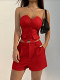 Conjunto Dos Piezas Sastrero "Roma" – Top Corset Strapless y Short de Tiro Alto – Rojo Vibrante