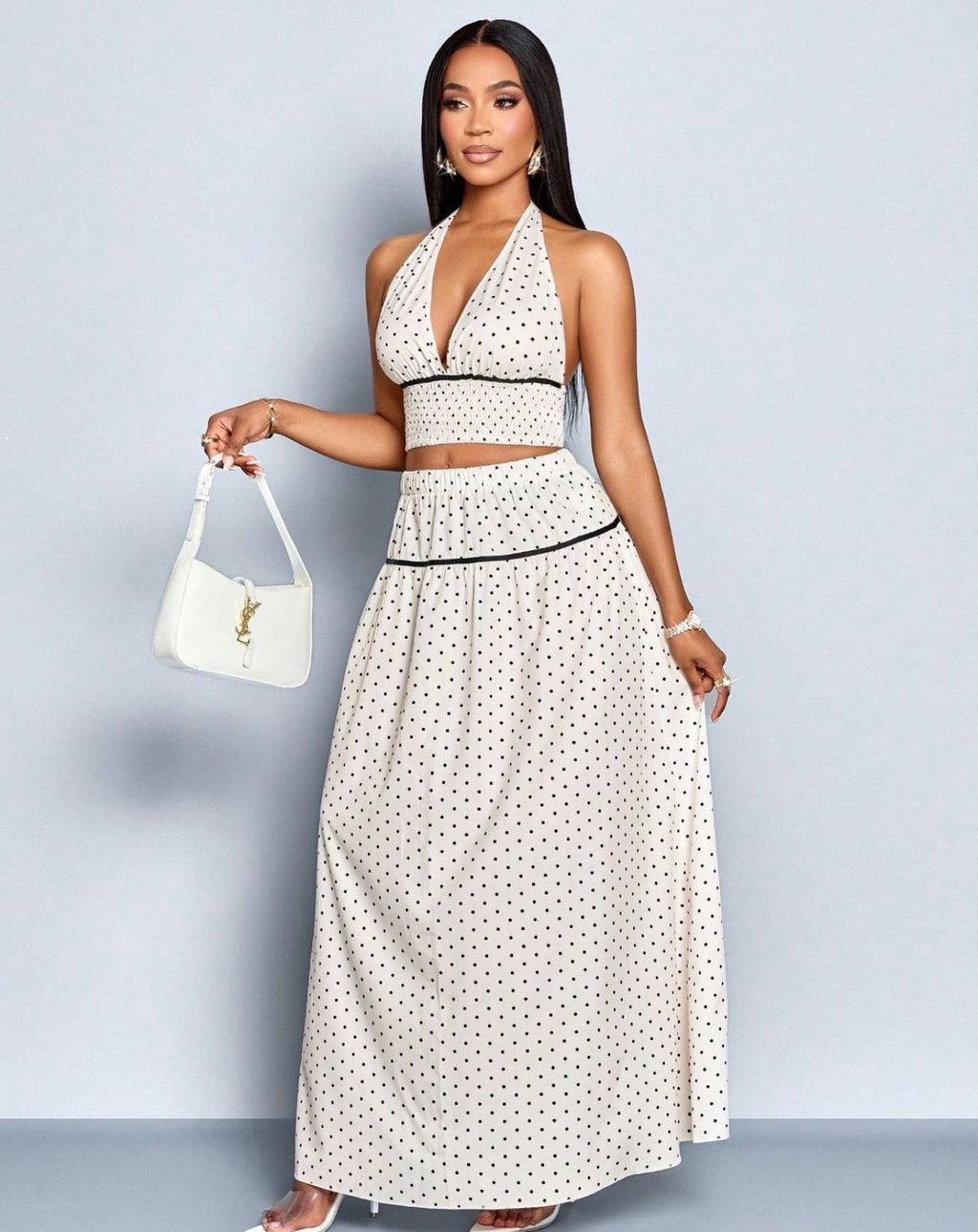 Conjunto Saint-Tropez – Top Halter Escotado y Falda Maxi de Lunares