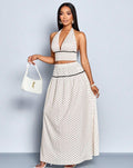 Conjunto Saint-Tropez – Top Halter Escotado y Falda Maxi de Lunares