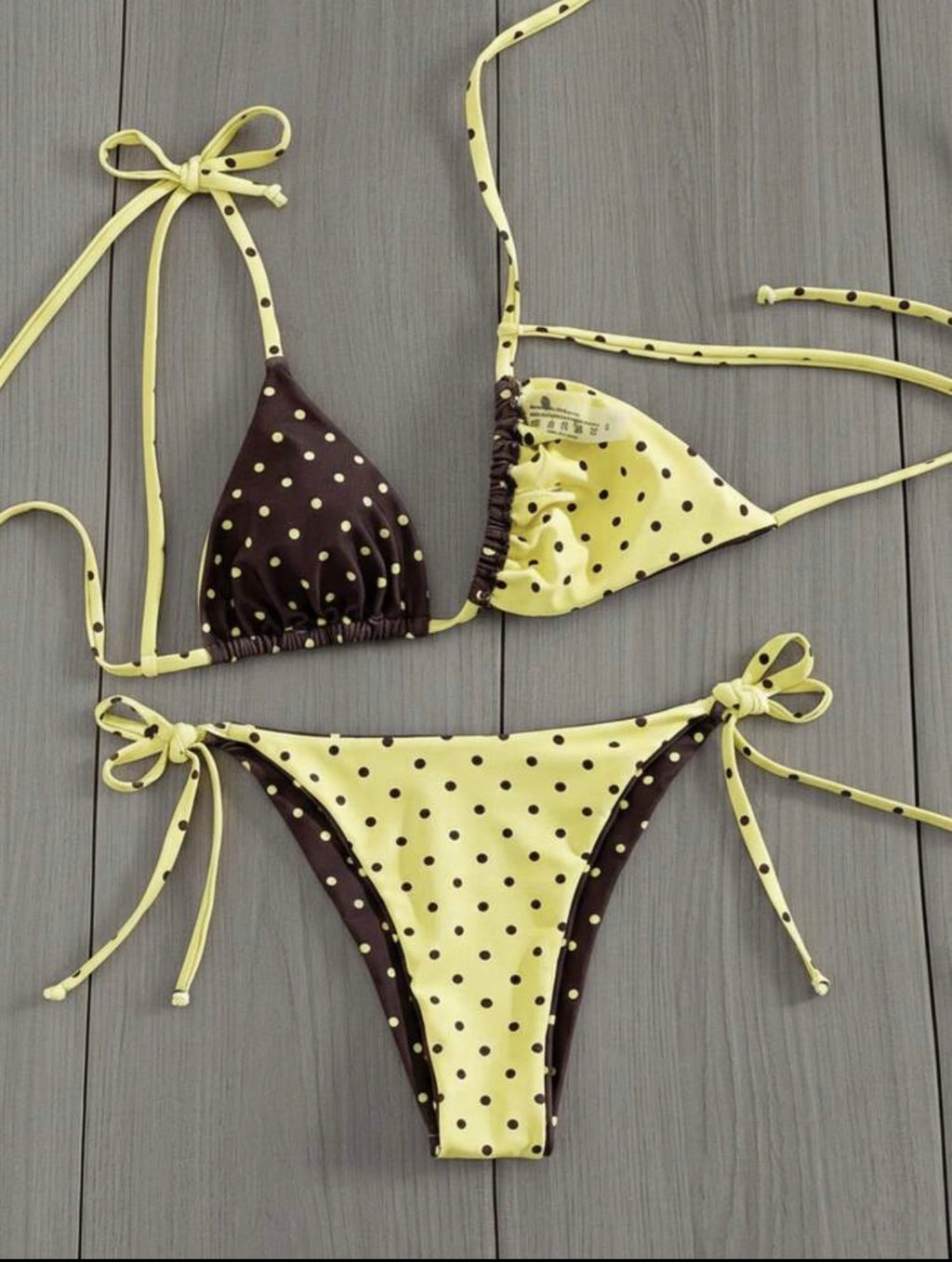 Bikini reversible de Dos Piezas Ajustable – Estampado de Lunares y Lazos Neón