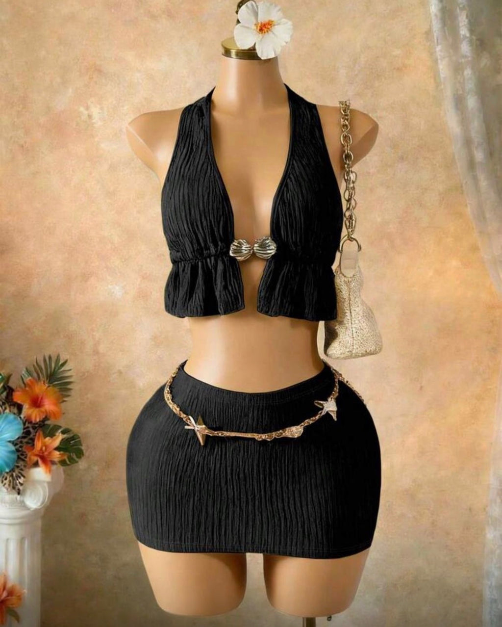 Conjunto de Dos Piezas Set Top Halter y Falda Plisada - Negro
