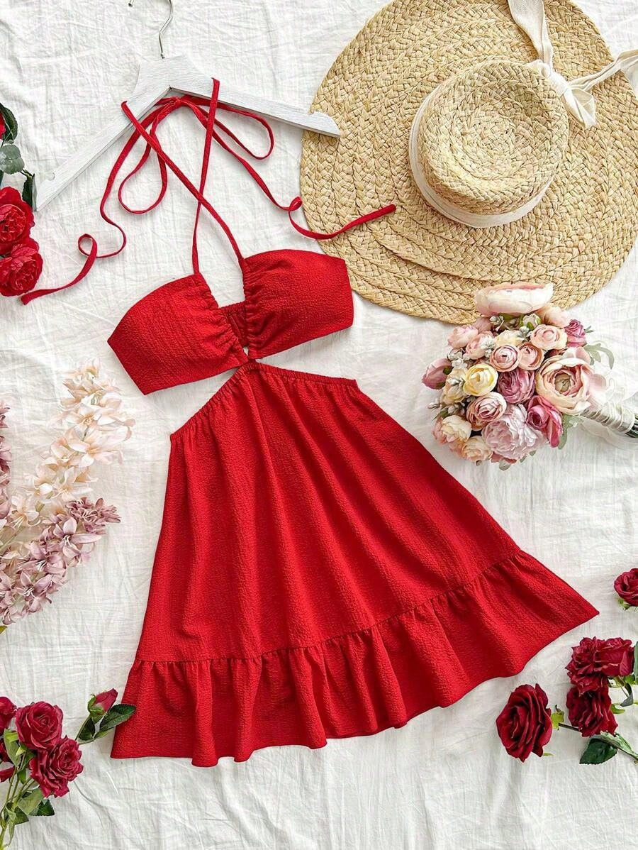 Vestido Mini Santorini – Halter Cut-Out con Textura y Volados