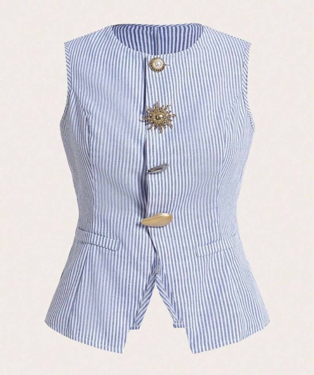 Blusa Chaleco de Algodón a Rayas con Botones Joya – Estilo Elegante y Fresco
