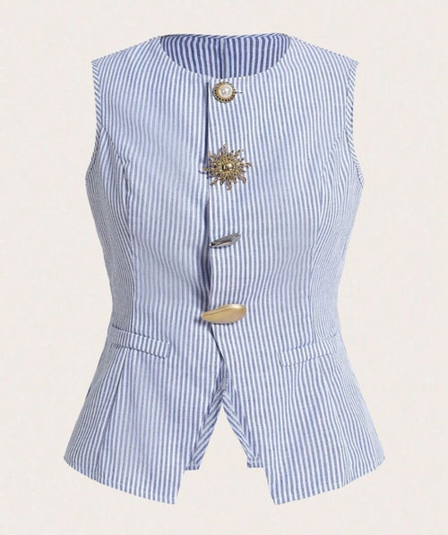Blusa Chaleco de Algodón a Rayas con Botones Joya – Estilo Elegante y Fresco