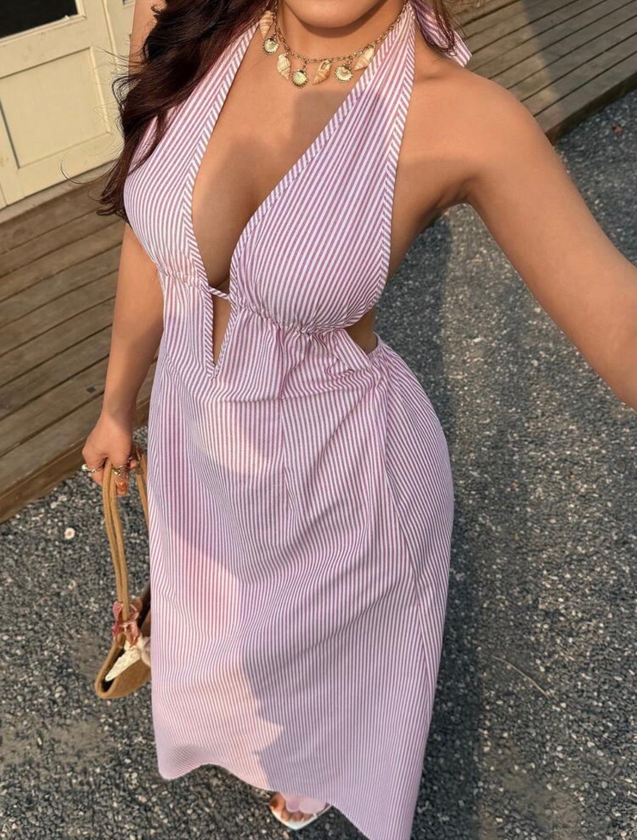 Vestido Maxi Positano – Halter Cut-Out Estampa de Rayas