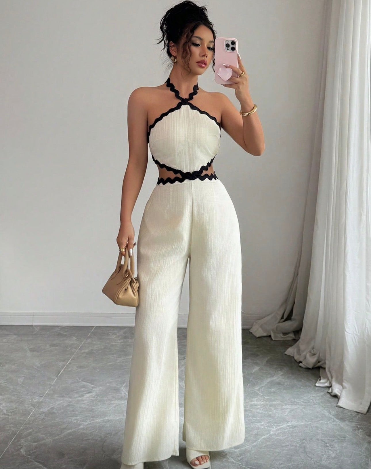 Enterizo Riviera Glam – Jumpsuit Halter con Aberturas y Ribete Ondulado