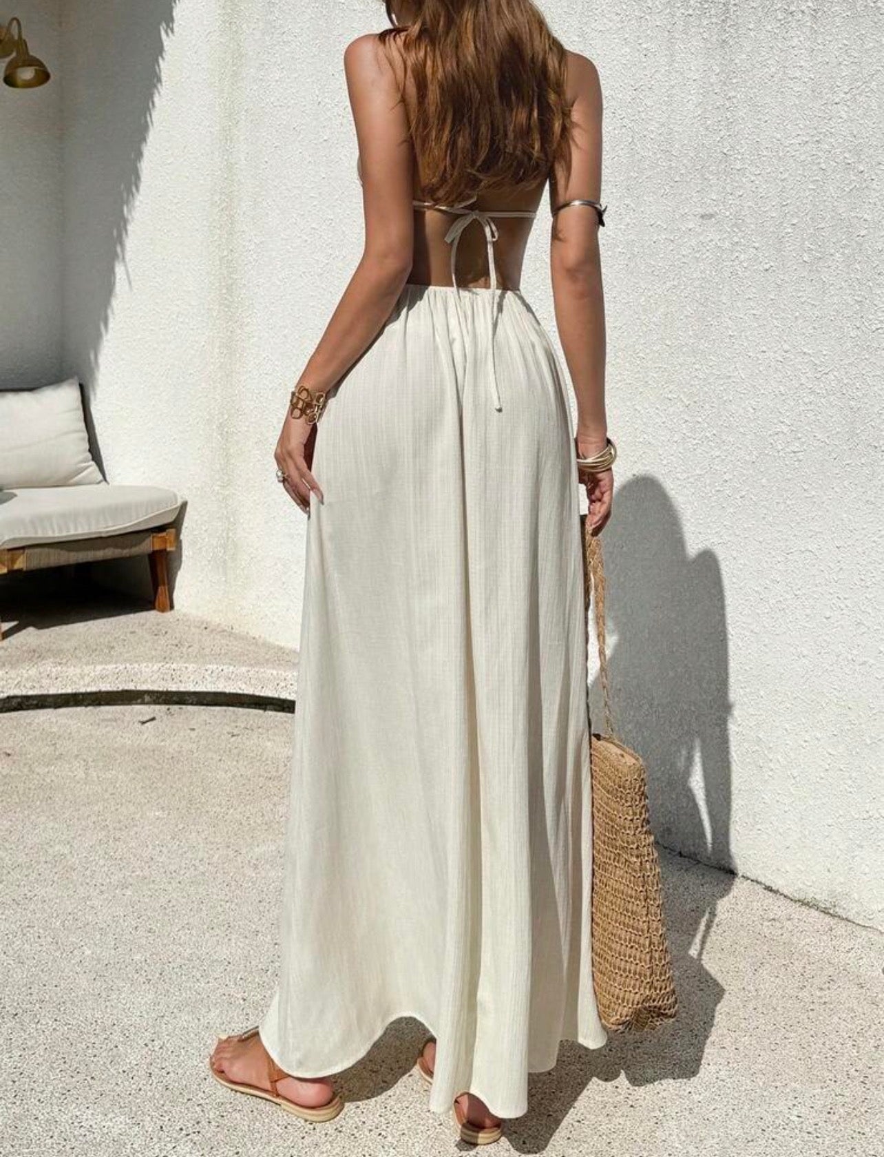 Vestido Maxi Halter con Cintura Bordada de Conchas y Cuentas Ibiza