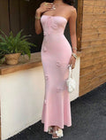 Vestido Maxi Coquette Rosé – Strapless con Flores 3D y Lazo Ajustable
