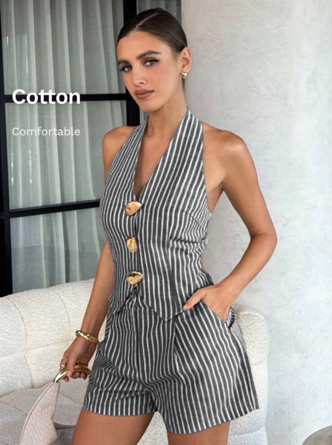 Set Sastrero Amalfi – Chaleco Halter y Shorts de Lino-Algodón