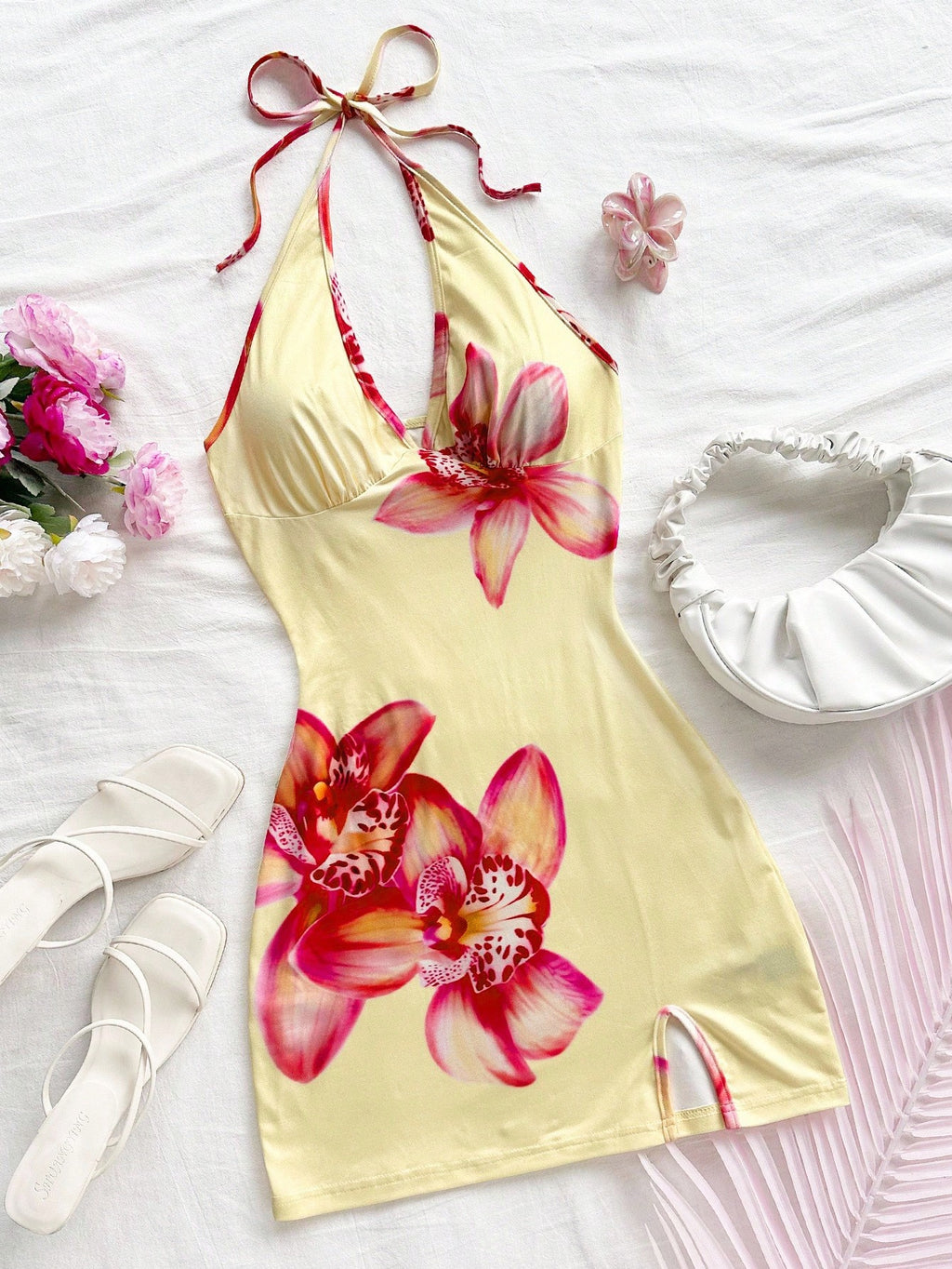 Vestido Mini Halter Floral - Orquídea Amarilla