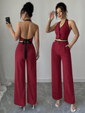 Set Sastrero Burdeos – Chaleco Halter Open-Back y Pantalón Wide Leg