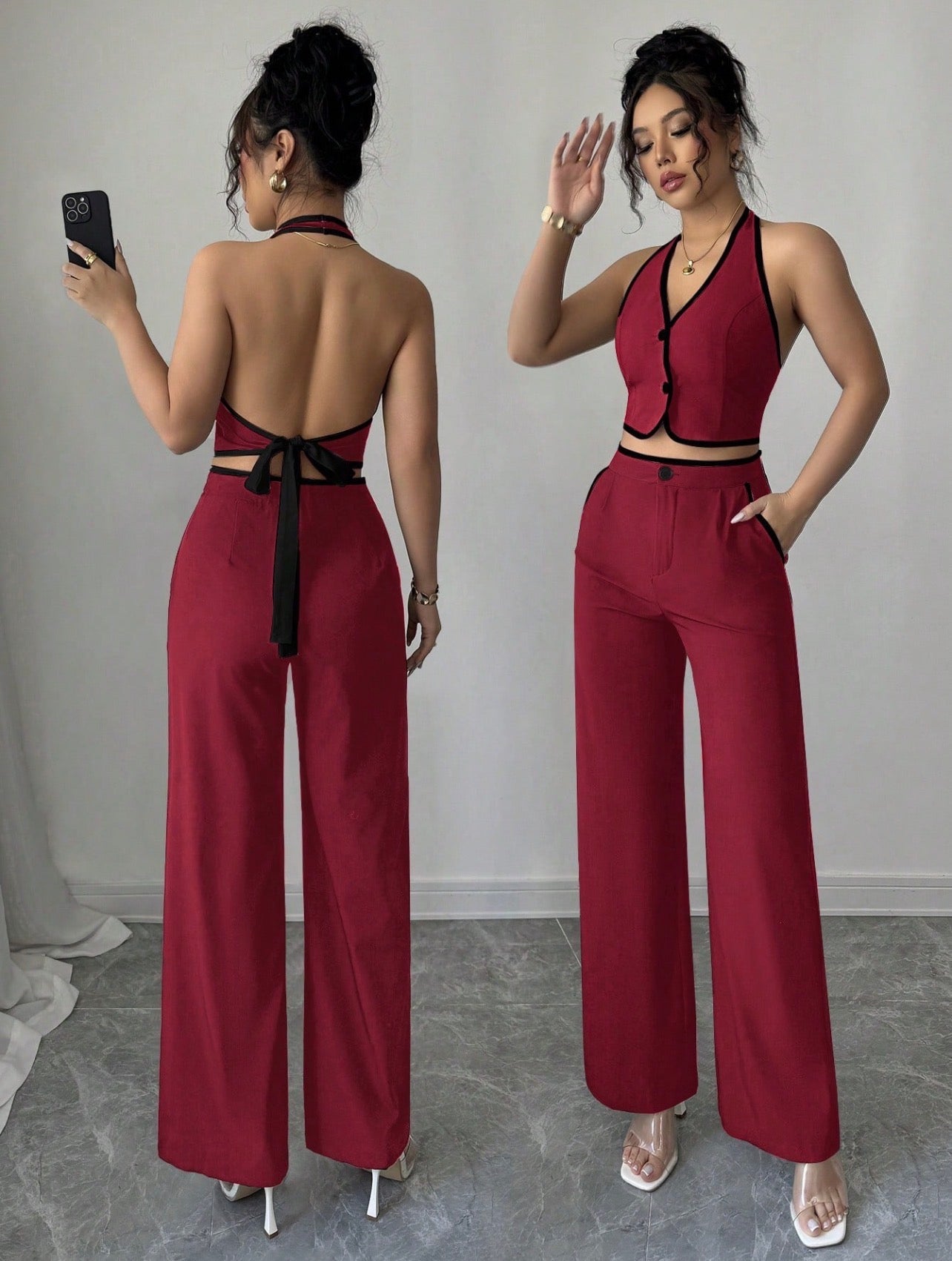 Set Sastrero Burdeos – Chaleco Halter Open-Back y Pantalón Wide Leg