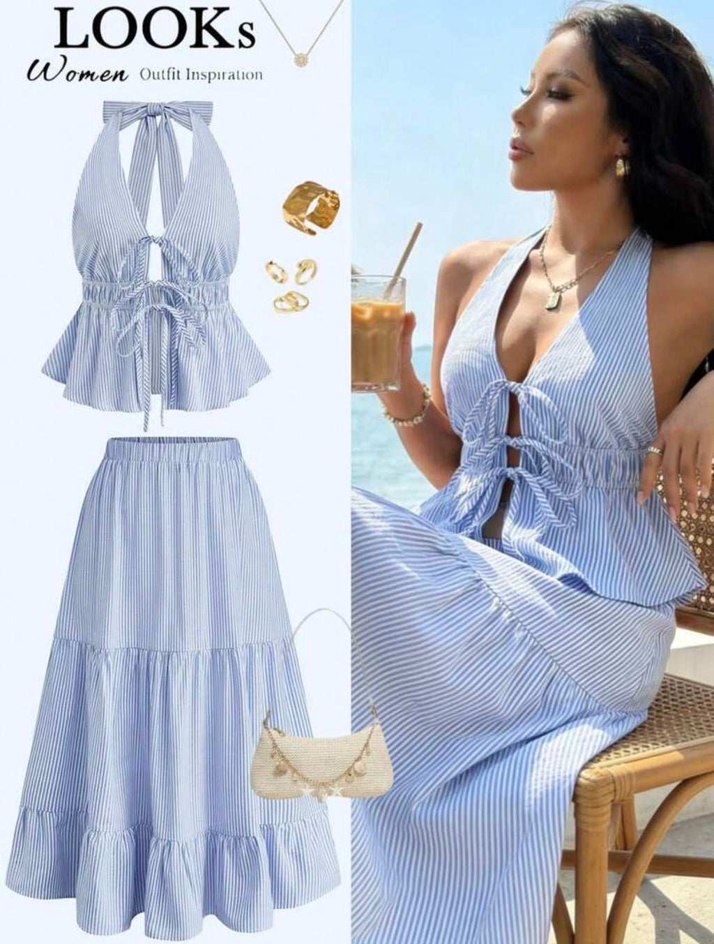 Set Capri Resort – Top Halter Peplum y Falda Midi Escalonada