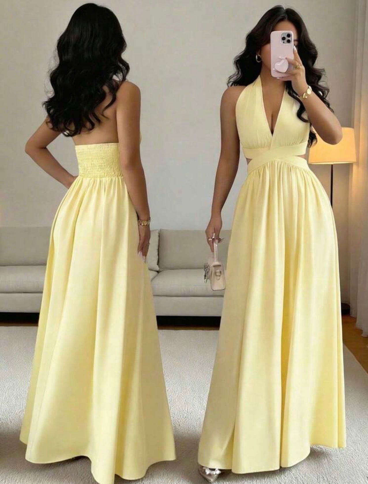 Vestido Largo de Fiesta con Escote Halter y Recortes – Amarillo Pastel