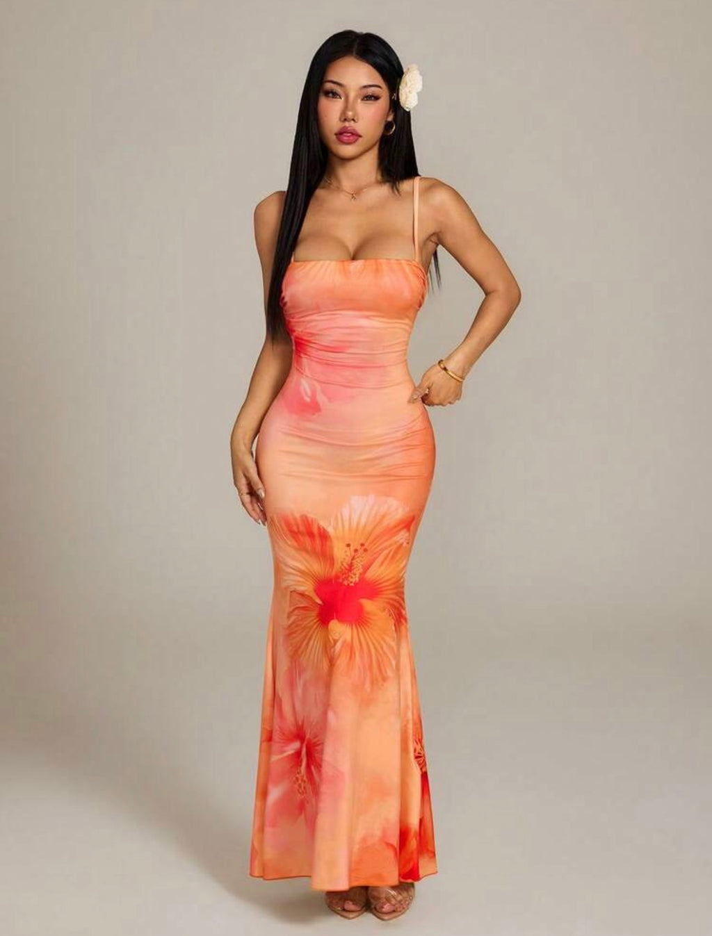 Vestido Maxi Ajustado con Estampado Tropical y Corte Sirena Kalani