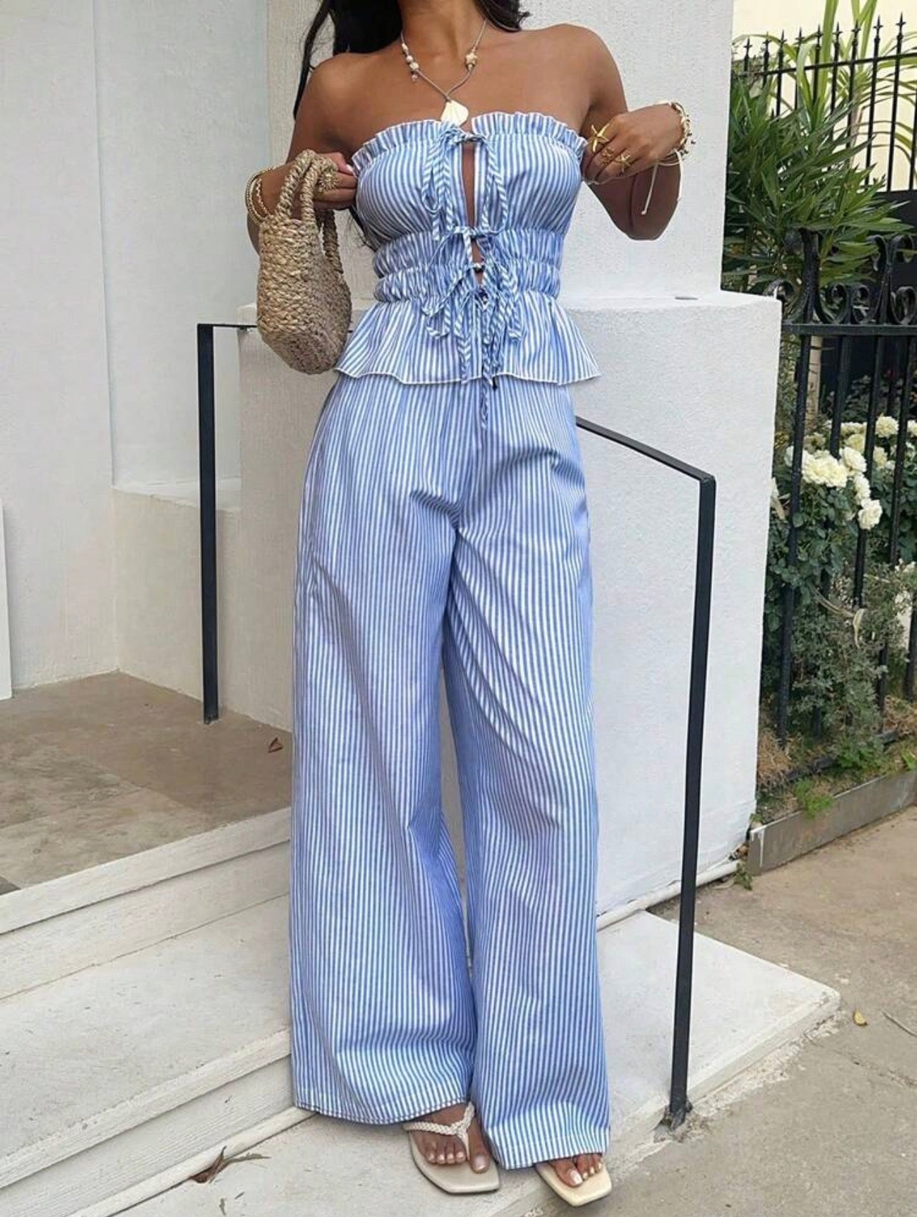 Conjunto Dos Piezas de Lino a Rayas "Aura Veraniega" – Azul y Blanco