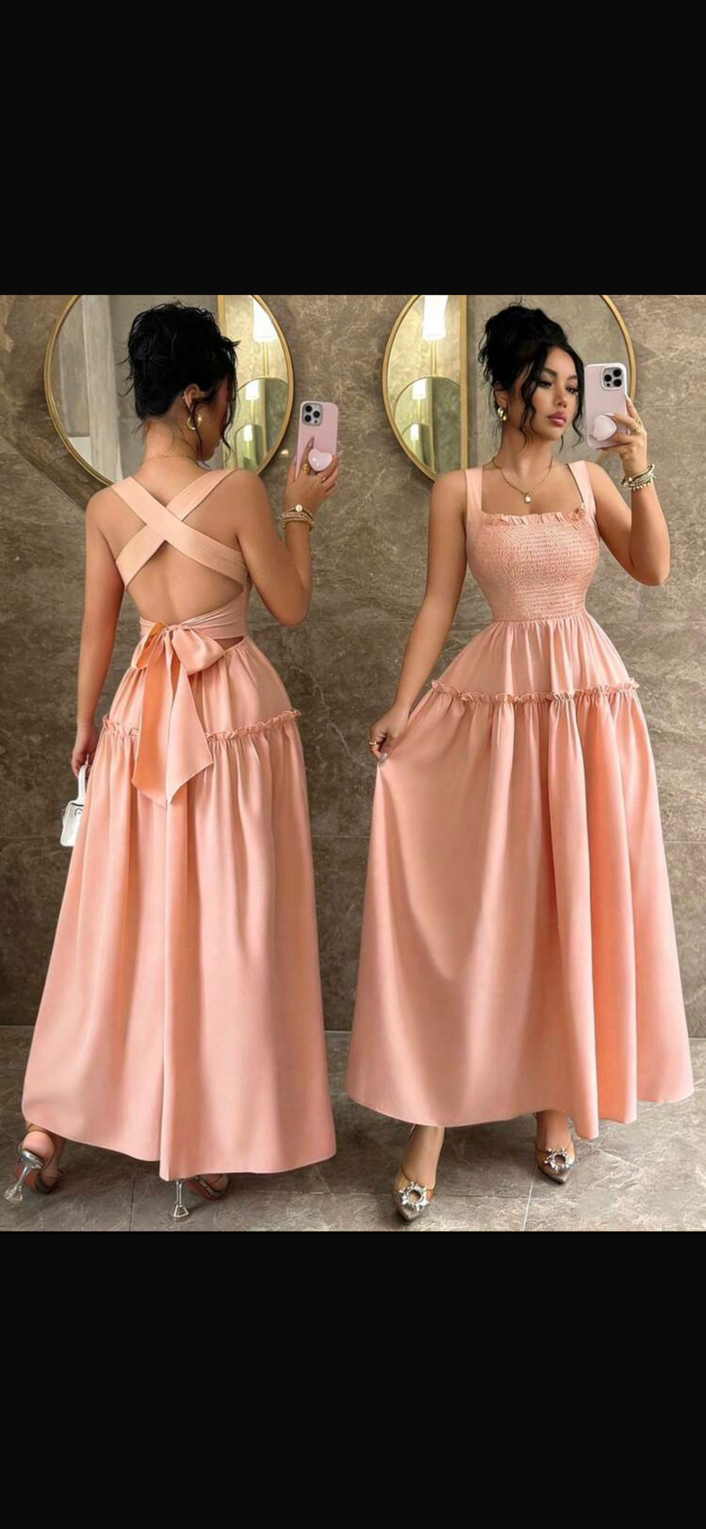 Vestido Maxi Rosa Pastel con Espalda Cruzada y Nido de Abeja