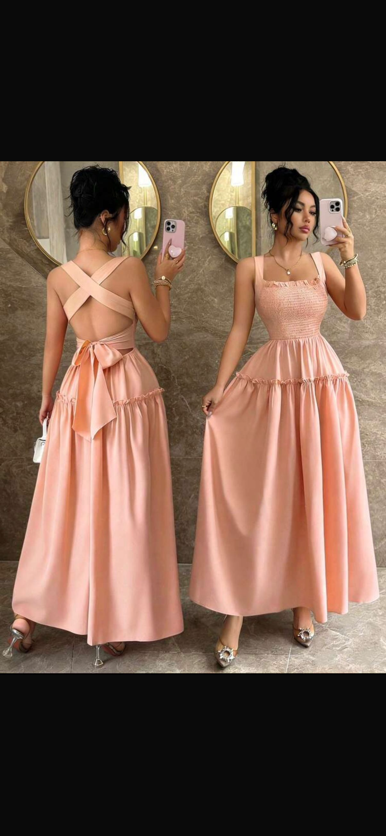 Vestido Maxi Rosa Pastel con Espalda Cruzada y Nido de Abeja
