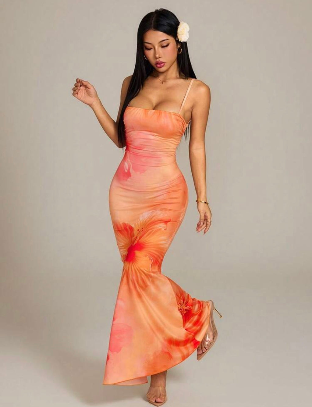 Vestido Maxi Ajustado con Estampado Tropical y Corte Sirena Kalani