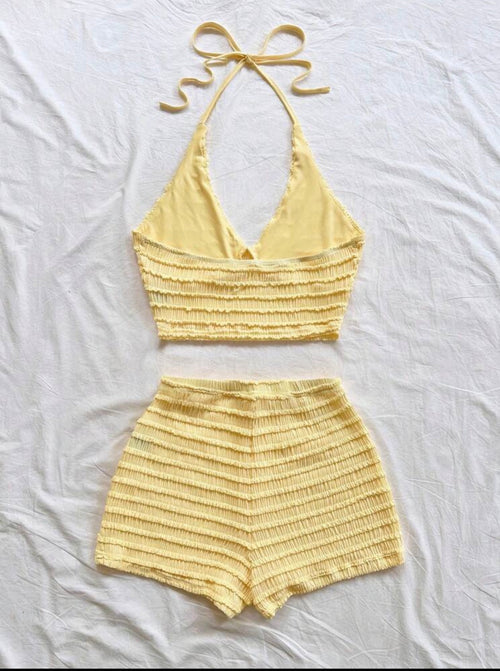 Conjunto de Dos Piezas "Lemon Sorbet" – Top Halter y Shorts de Textura Rugosa