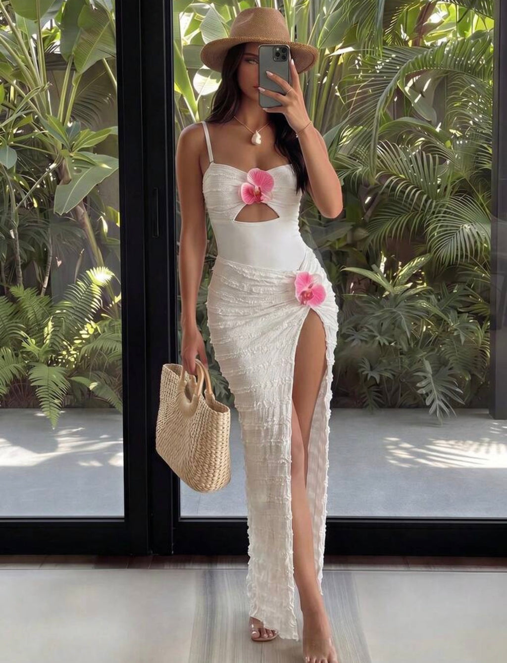 Set de Playa Premium: Traje de Baño Enterizo y Falda Maxi con Aplique de Orquídea