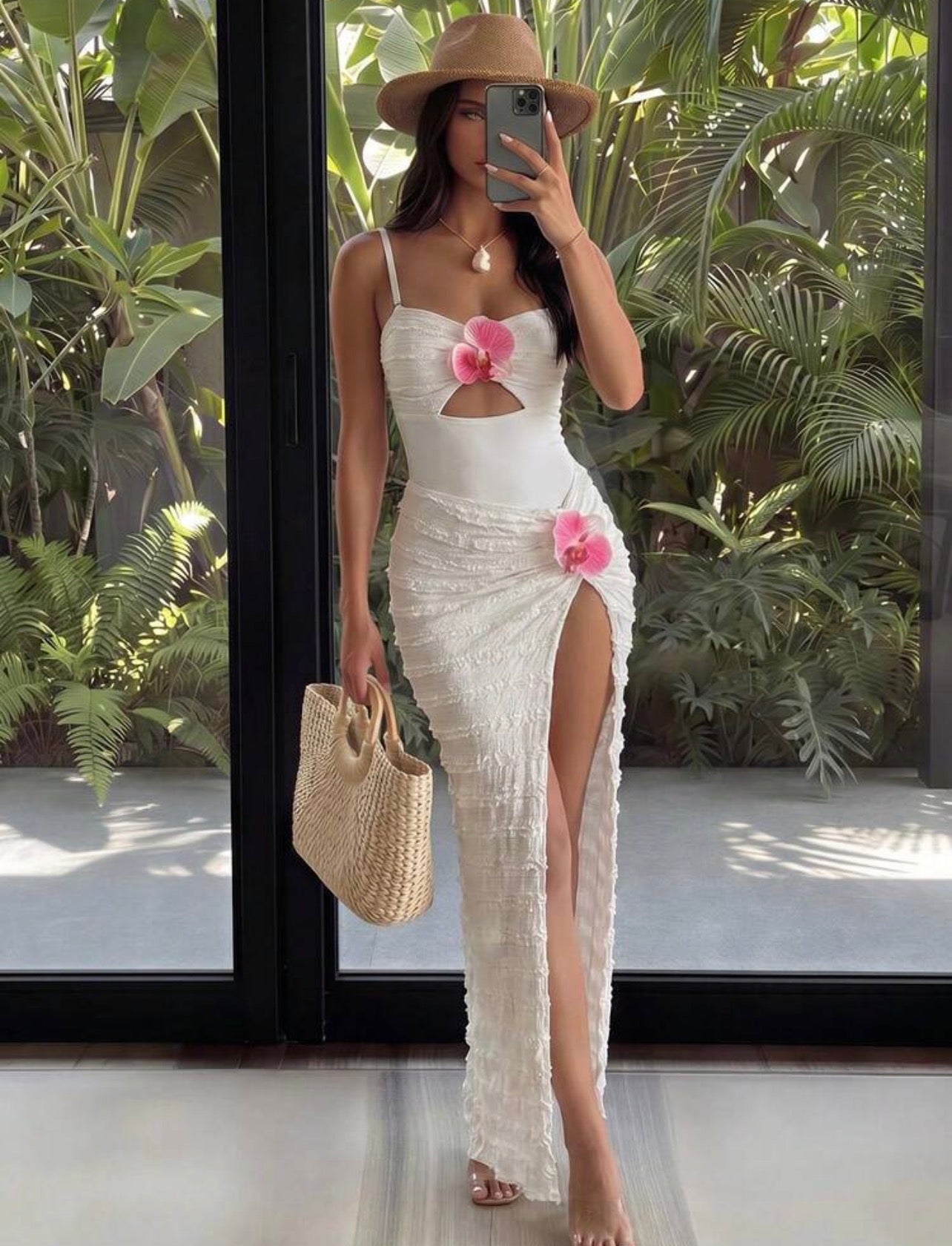 Set de Playa Premium: Traje de Baño Enterizo y Falda Maxi con Aplique de Orquídea