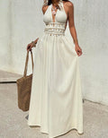 Vestido Maxi Halter con Cintura Bordada de Conchas y Cuentas Ibiza