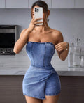 Vestido Corto Strapless Denim: Minivestido Efecto Corsé con Falda Cruzada