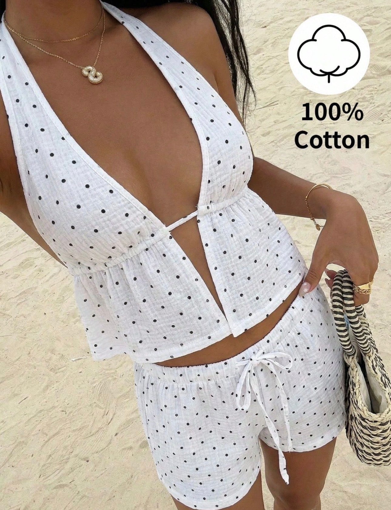 Conjunto Dotty Beach – Top Halter Escotado y Shorts de Algodón 100%