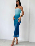 Vestido Maxi Strapless en Malla Ombré - Degradado Oceánico