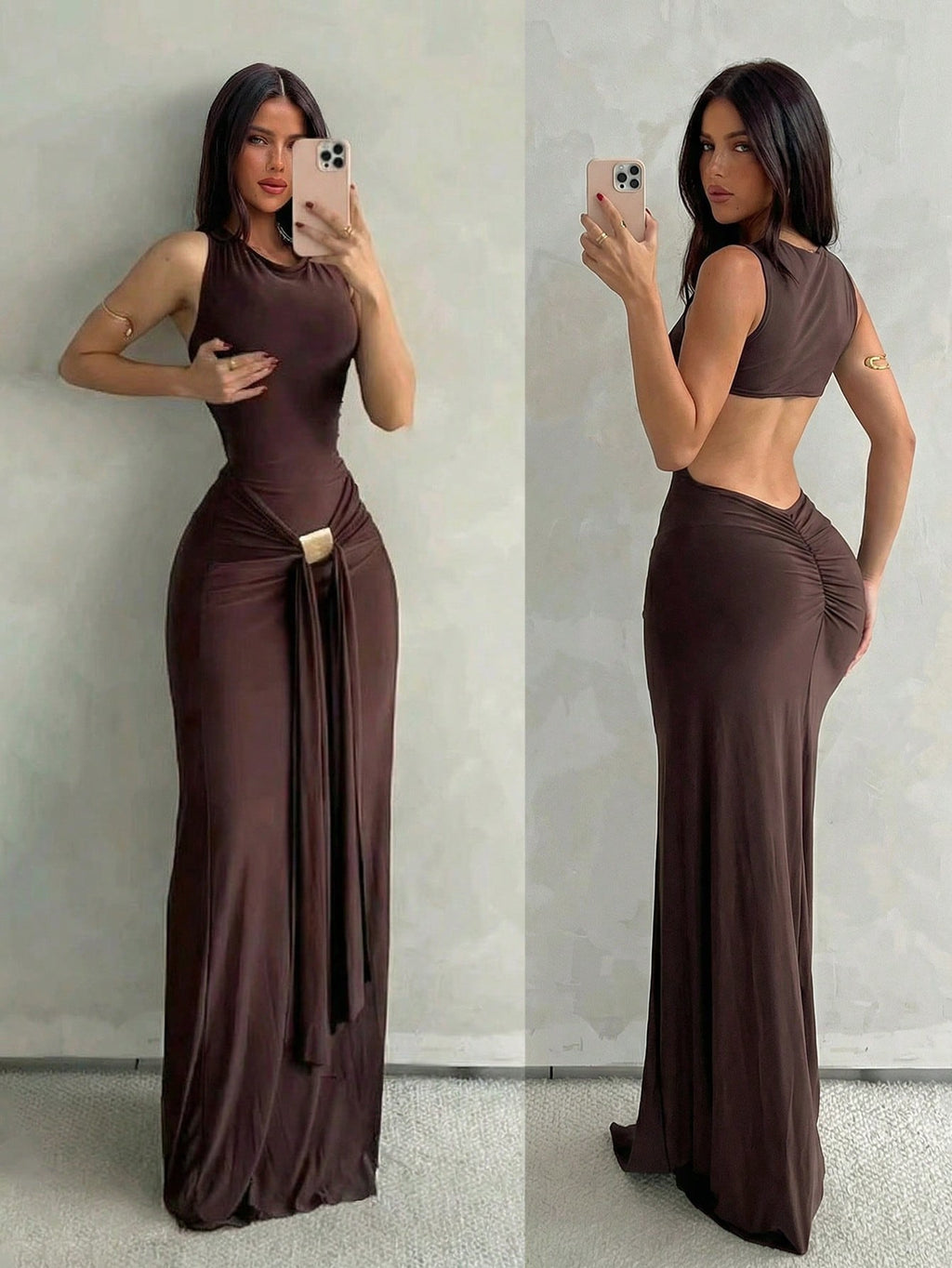 Vestido Maxi con Espalda Descubierta y Detalle Metálico Kiara