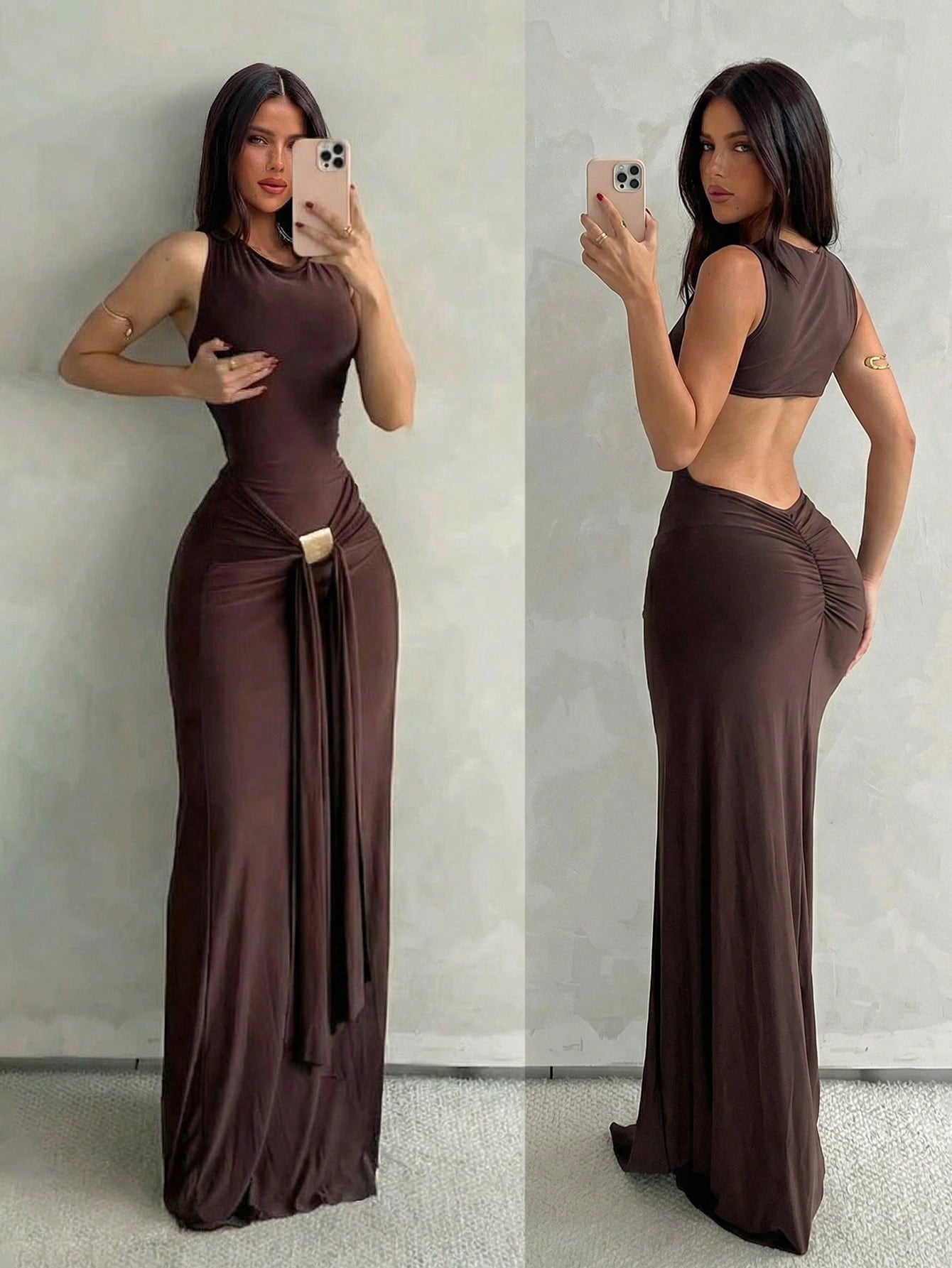 Vestido Maxi con Espalda Descubierta y Detalle Metálico Kiara