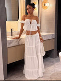 Conjunto Boho-Chic de Dos Piezas: Top Off-the-Shoulder y Falda Maxi Escalonada
